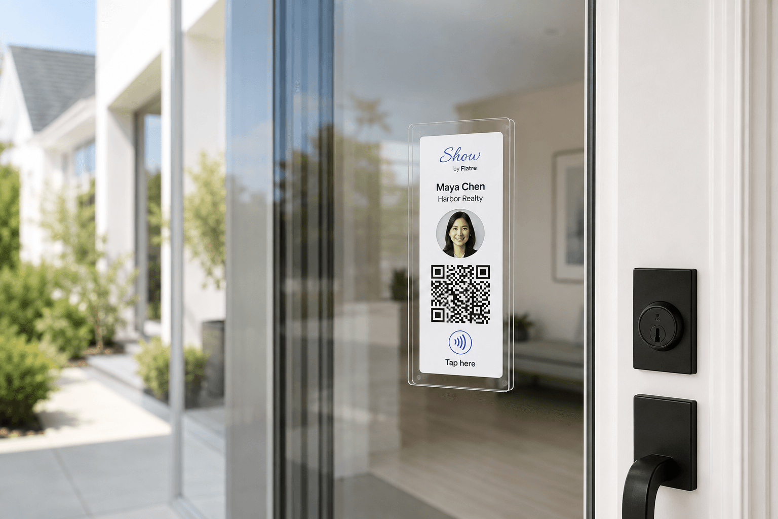Show Card in a clear removable mount on a glass entry door
