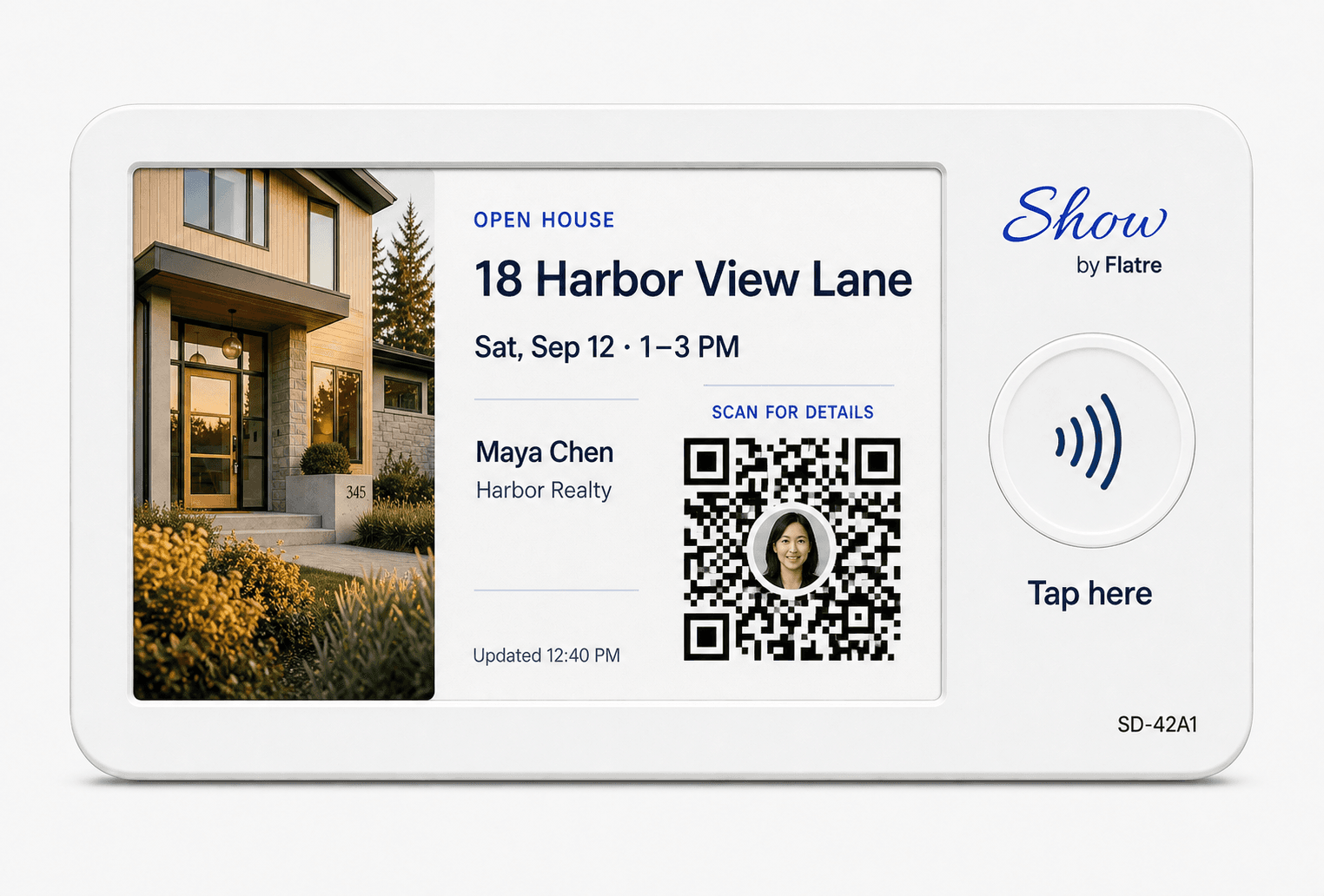 Show Display concept with property details, QR code, and NFC tap area