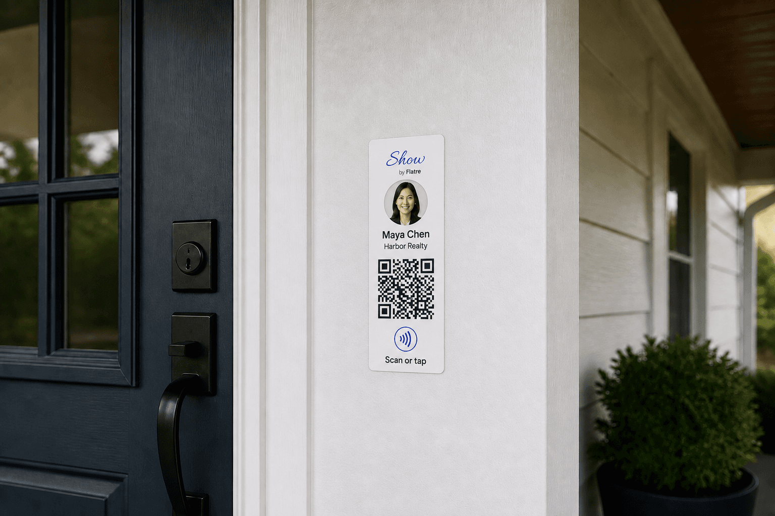 Show Label mounted beside a modern home's front door